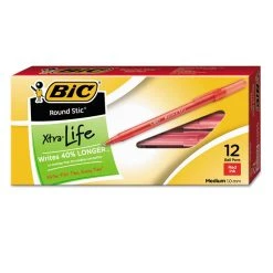 Bic Round Stic Xtra Life Ballpoint Pen, Stick, Medium 1 Mm, Red Ink, Translucent Red Barrel, Dozen -Bostitch Shop 224039