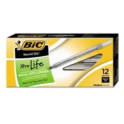 Bic Round Stic Xtra Life Ballpoint Pen, Stick, Medium 1 Mm, Black Ink, Smoke Barrel, Dozen