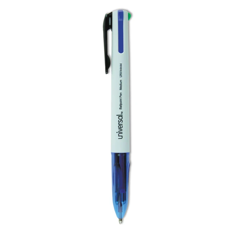 Universal 4-Color Multi-Color Ballpoint Pen, Retractable, Medium 1 Mm, Black/Blue/Green/Red Ink, White/Translucent Blue Barrel, 3/Pack 3 Universal 4-Color Multi-Color Ballpoint Pen, Retractable, Medium 1 Mm, Black/Blue/Green/Red Ink, White/Translucent Blue Barrel, 3/Pack