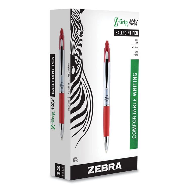 Zebra Z-Grip MAX Ballpoint Pen, Retractable, Medium 1 Mm, Red Ink, Silver Barrel, 12/Pack 4 Zebra Z-Grip MAX Ballpoint Pen, Retractable, Medium 1 Mm, Red Ink, Silver Barrel, 12/Pack - Image 2