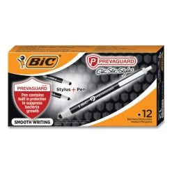 Bic PrevaGuard Ballpoint/Stylus Pen, Retractable, Medium 1 Mm, Black Ink/Black Barrel, Dozen