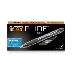 Bic GLIDE Bold Ballpoint Pen, Retractable, Bold 1.6 Mm, Black Ink, Smoke Barrel, Dozen