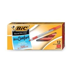 Bic Round Stic Grip Xtra Comfort Ballpoint Pen, Stick, Fine 0.8 Mm, Red Ink, Gray/Red Barrel, Dozen -Bostitch Shop 743921