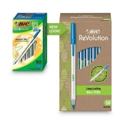 Bic Ecolutions Round Stic Ballpoint Pen Value Pack, Stick, Medium 1 Mm, Blue Ink, Clear Barrel, 50/Pack -Bostitch Shop 743955