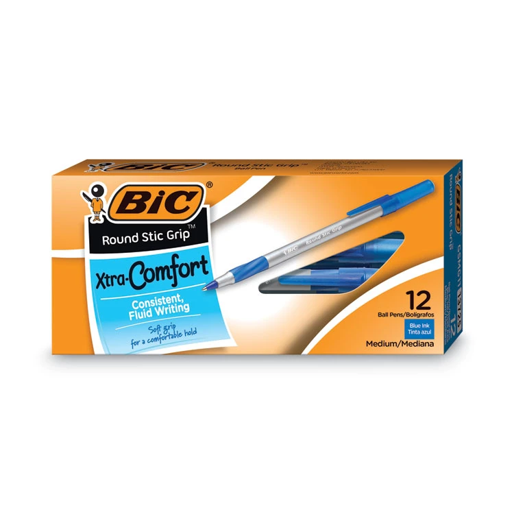 Bic Round Stic Grip Xtra Comfort Ballpoint Pen, Easy-Glide, Stick, Medium 1.2 Mm, Blue Ink, Gray/Blue Barrel, Dozen 3 Bic Round Stic Grip Xtra Comfort Ballpoint Pen, Easy-Glide, Stick, Medium 1.2 Mm, Blue Ink, Gray/Blue Barrel, Dozen