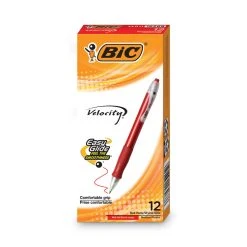 Bic Velocity Easy Glide Ballpoint Pen, Retractable, Medium 1 Mm, Red Ink, Translucent Red Barrel, Dozen