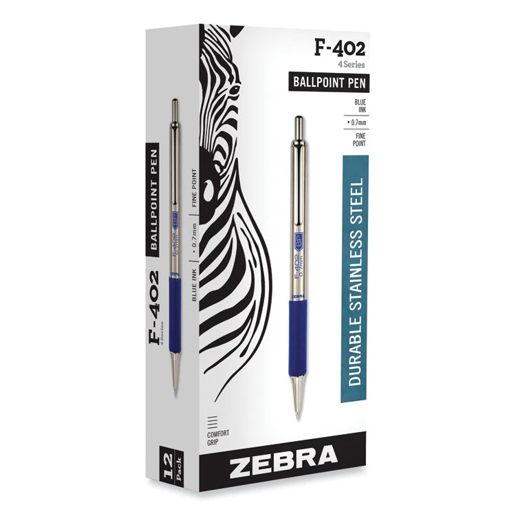 Zebra F-402 Ballpoint Pen, Retractable, Fine 0.7 Mm, Blue Ink, Stainless Steel/Blue Barrel 4 Zebra F-402 Ballpoint Pen, Retractable, Fine 0.7 Mm, Blue Ink, Stainless Steel/Blue Barrel - Image 2