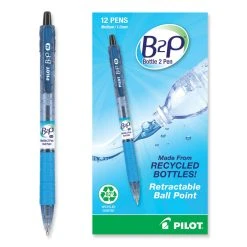 Pilot B2P Bottle-2-Pen Recycled Ballpoint Pen, Retractable, Medium 1 Mm, Black Ink, Translucent Blue Barrel, Dozen -Bostitch Shop 827159