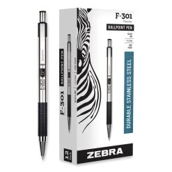 Zebra F-301 Ballpoint Pen, Retractable, Fine 0.7 Mm, Black Ink, Stainless Steel/Black Barrel