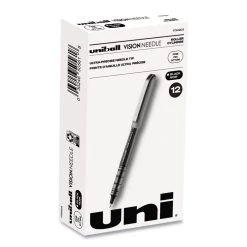 Uniball® VISION Needle Roller Ball Pen, Stick, Fine 0.7 Mm, Black Ink, Silver Barrel, Dozen