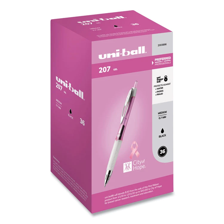 Uniball® 207 Office Pack Gel Pen, Retractable, Medium 0.7 Mm, Black Ink, Pink Barrel, 36/Pack 3 Uniball® 207 Office Pack Gel Pen, Retractable, Medium 0.7 Mm, Black Ink, Pink Barrel, 36/Pack