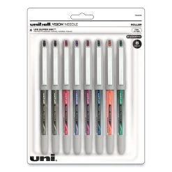 Uniball® VISION Needle Roller Ball Pen, Stick, Fine 0.7 Mm, Assorted Ink Colors, Silver Barrel, 8/Pack