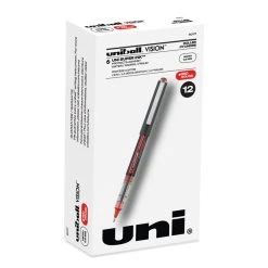 Uniball® VISION Roller Ball Pen, Stick, Micro 0.5 Mm, Red Ink, Gray/Red Barrel, Dozen