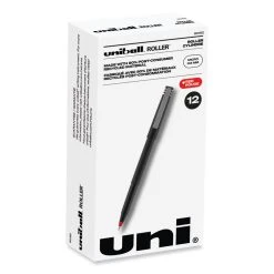Uniball® Roller Ball Pen, Stick, Micro 0.5 Mm, Red Ink, Black Matte Barrel, Dozen