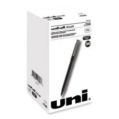 Uniball® Roller Ball Pen, Stick, Micro 0.5 Mm, Black Ink, Black Matte Barrel, 36/Pack